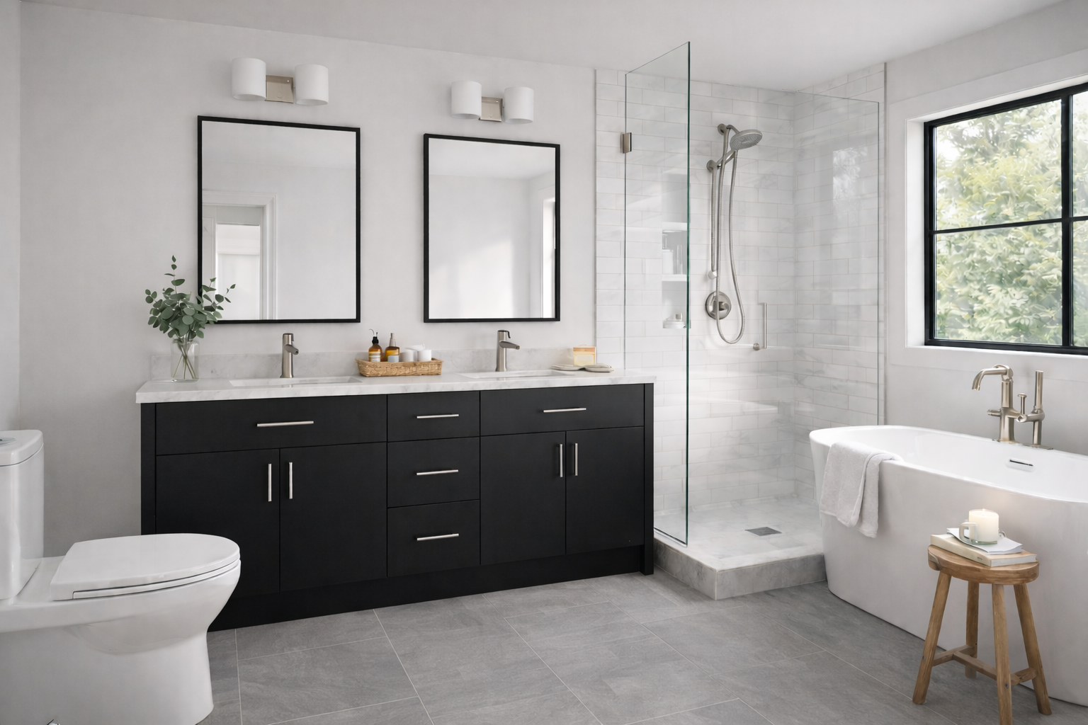 Modern bathroom with white walls, black vanity with two sinks, large mirror, glass-enclosed shower with white marble tiles, bathtub near window, gray floor tiles, and a small wooden stool with a candle and books.