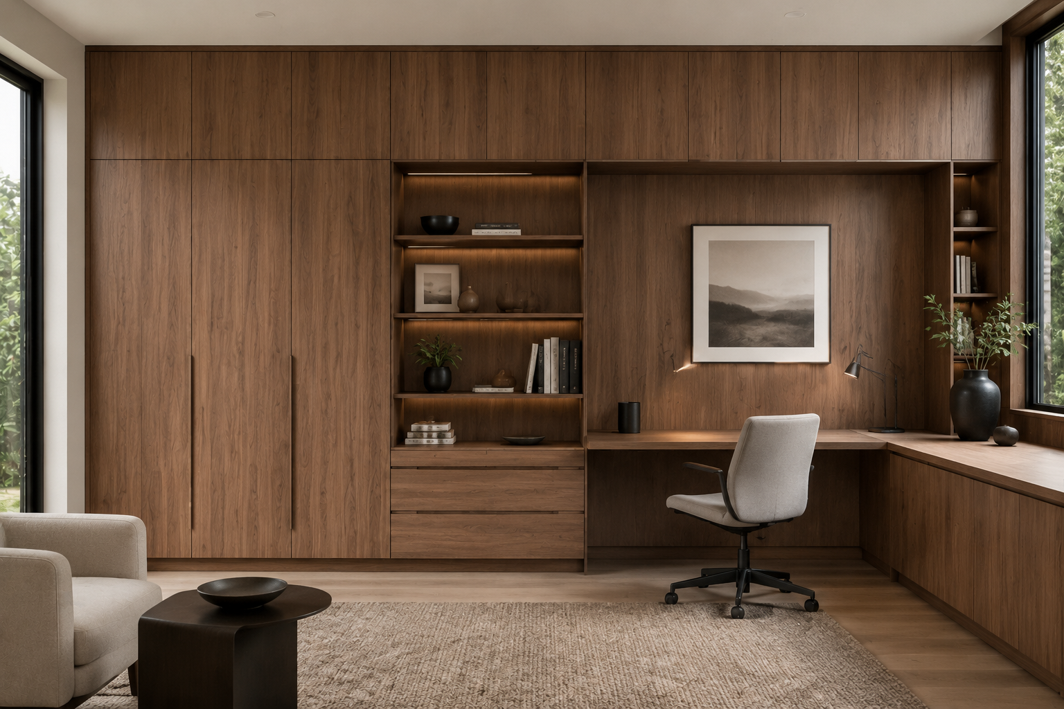 A modern home office with a large wooden wall unit, built-in shelves and cabinets, a desk with a gray office chair, two large windows, and minimal decor including vases, books, and artwork.