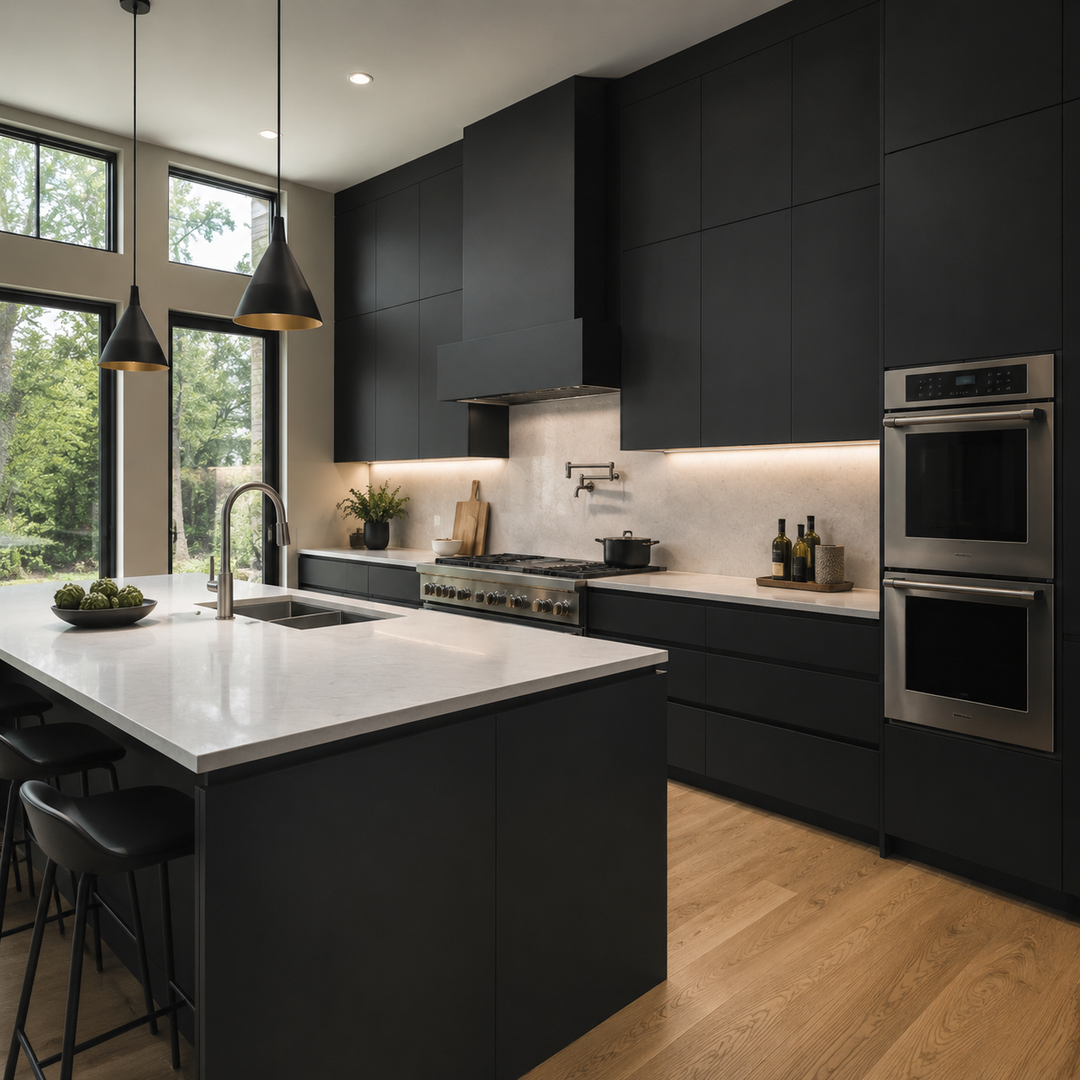 Modern kitchen with black cabinets, white marble island, double wall ovens, large windows, and pendant lighting.