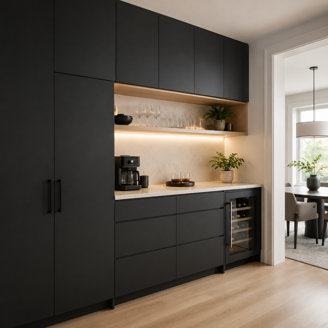 Modern black kitchen cabinet with built-in mini wine fridge, open shelves with glassware, potted plants, coffee maker, and decanters on countertop, adjacent to a dining area with a round table and chairs.