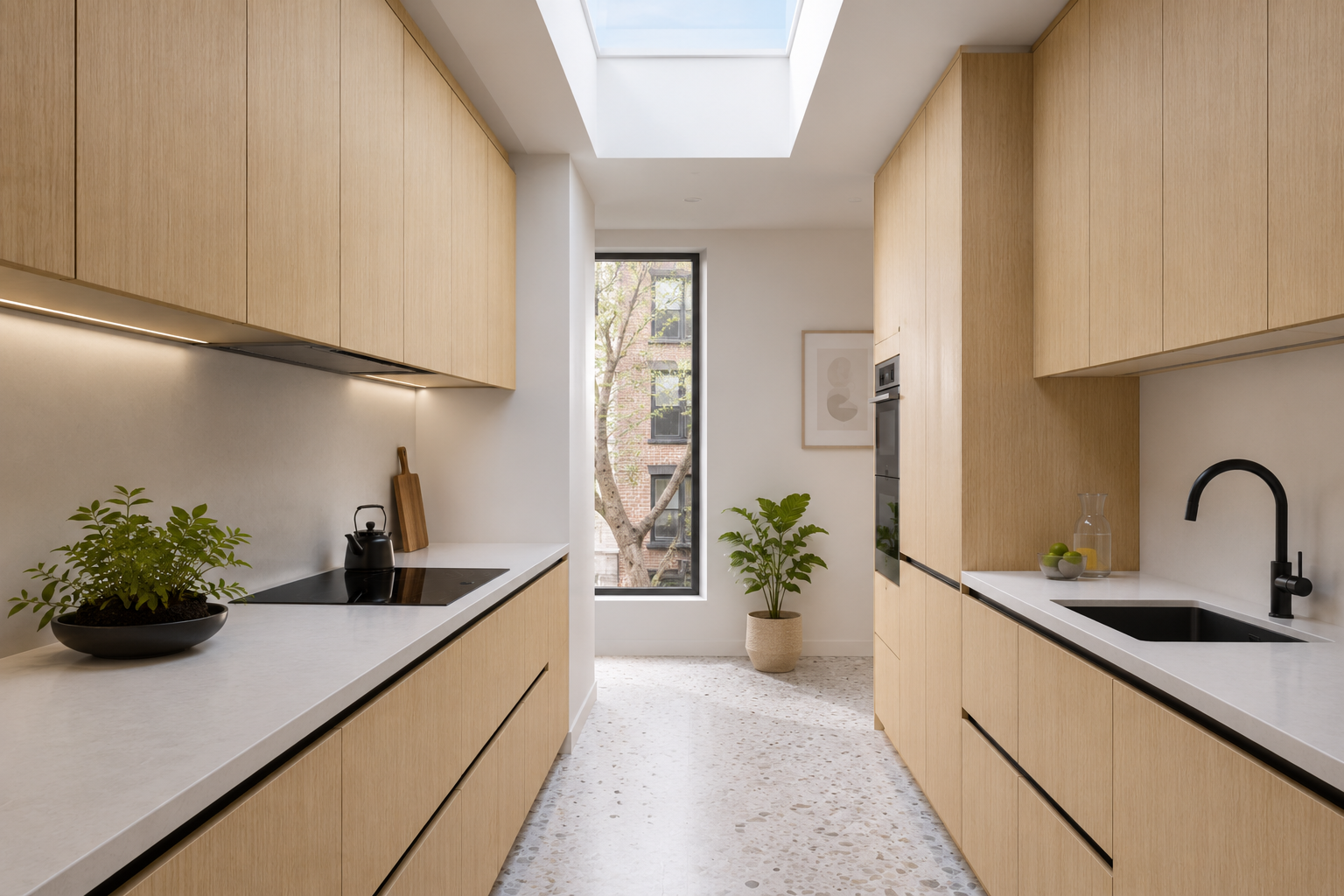 Modern kitchen with light wood cabinets, white countertops, black sink and faucet, potted plants, and a skylight