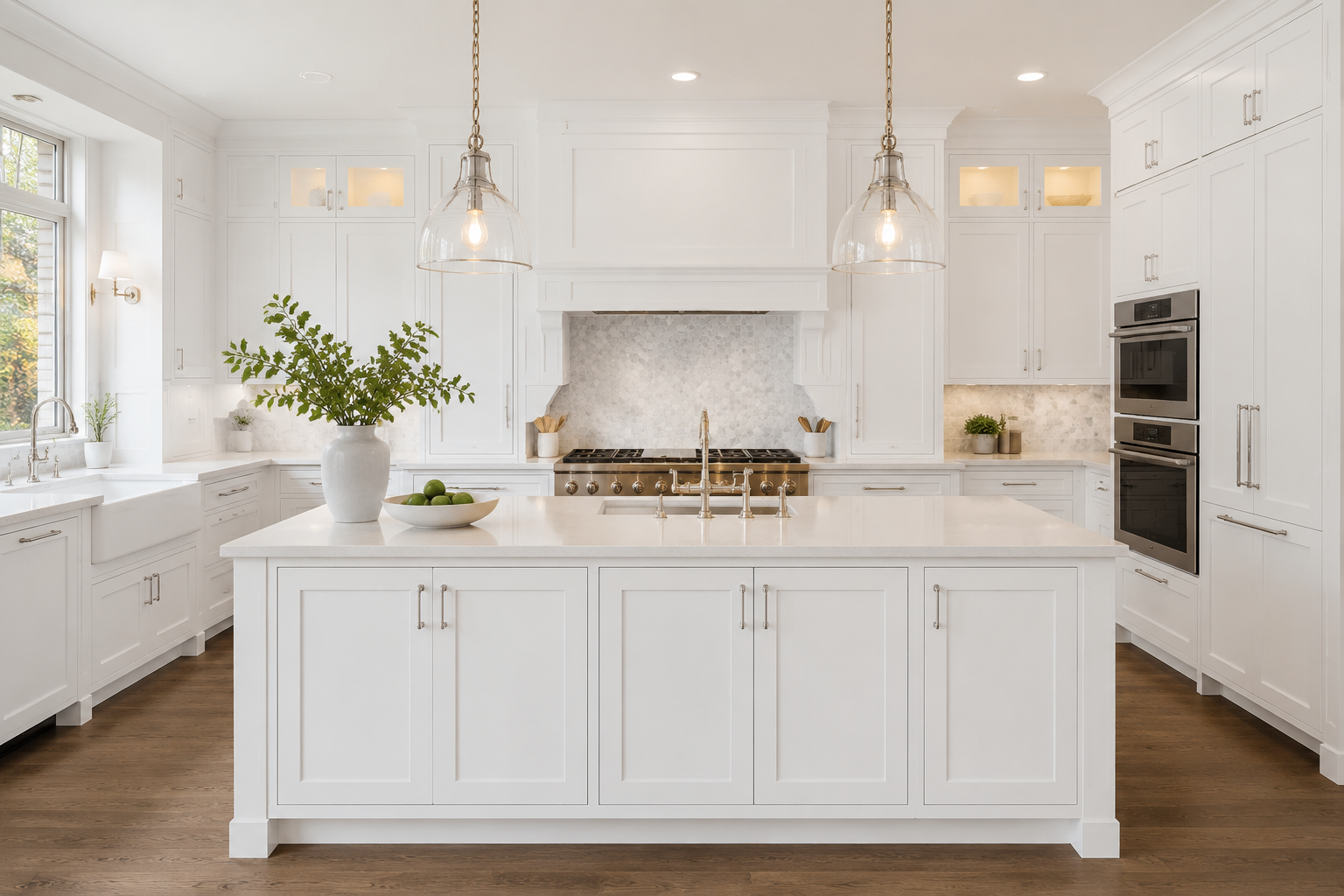 Bright, modern white kitchen with center island, pendant lighting, large window, and hardwood floors.