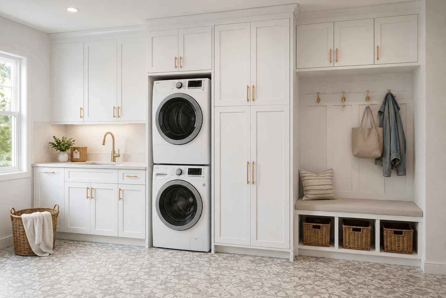 Modern laundry room with stacked washer and dryer, white cabinets with gold handles, a small countertop with a sink, and a built-in bench with storage baskets and hooks on the wall.