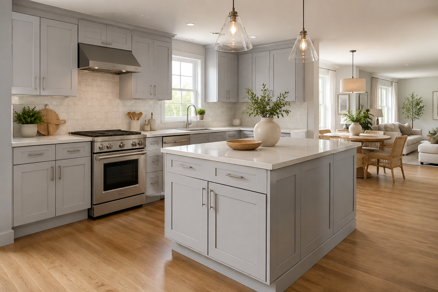 Bright, modern kitchen with light gray cabinets, stainless steel appliances, a central island with a white countertop, and decorative plants and dishes. Open layout with adjacent dining and living area.