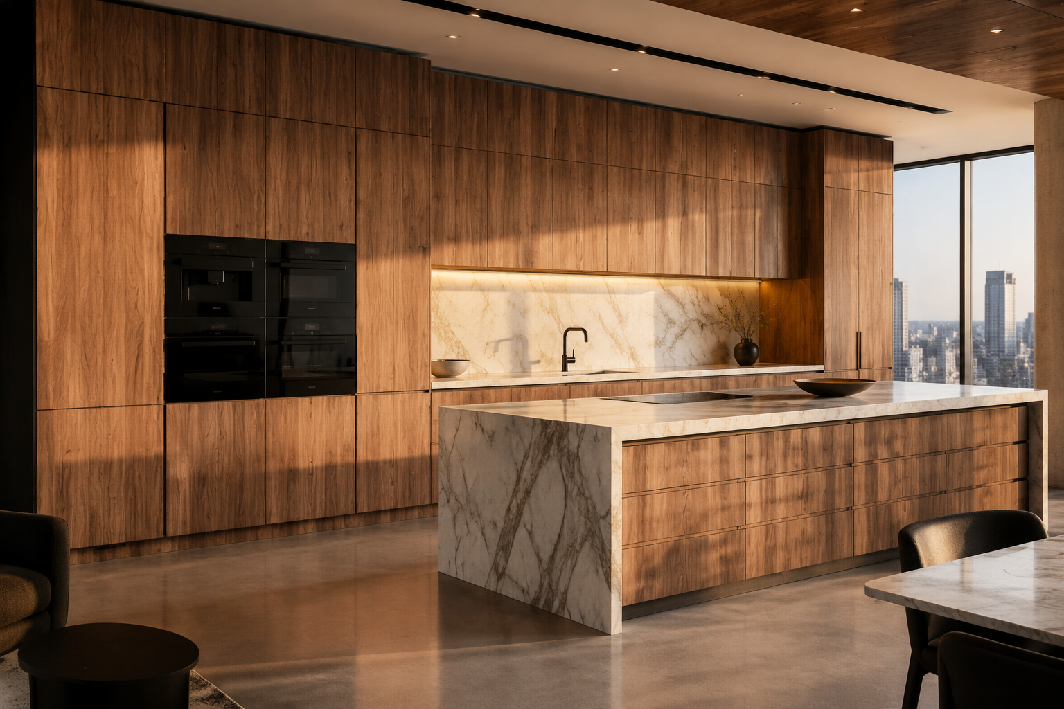 Modern kitchen with wooden cabinetry, marble island, and city view through large windows.