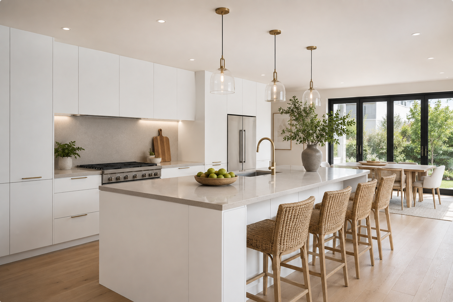 Bright, modern kitchen with white cabinetry, beige countertops, a large island with a bowl of green apples, and pendant lights. There are woven bar stools at the island and a dining area with a table and chairs by large glass doors showing greenery outside.