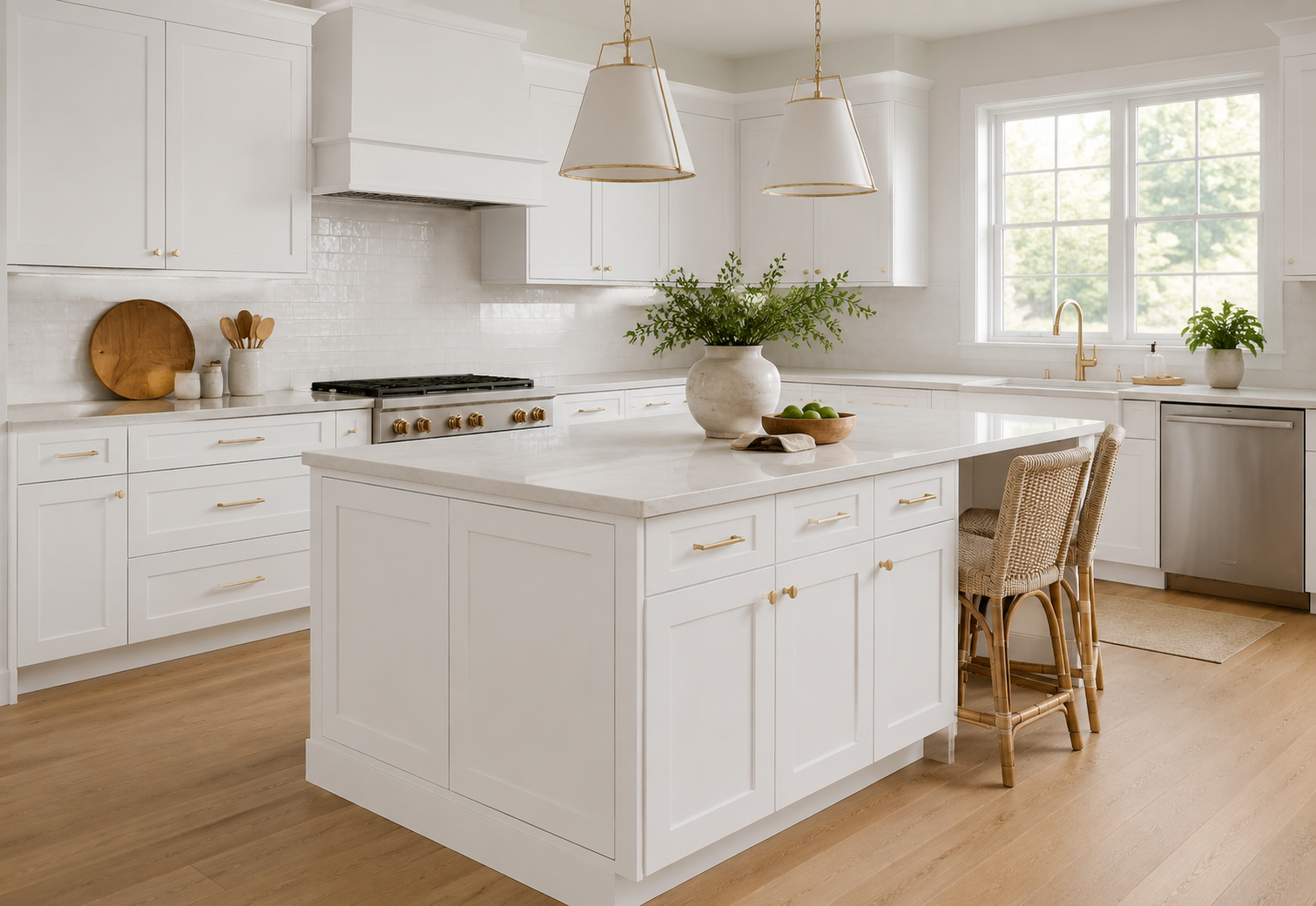 Bright white kitchen with large windows, island with white marble top, gold accents, wooden chairs, plants, and modern appliances.