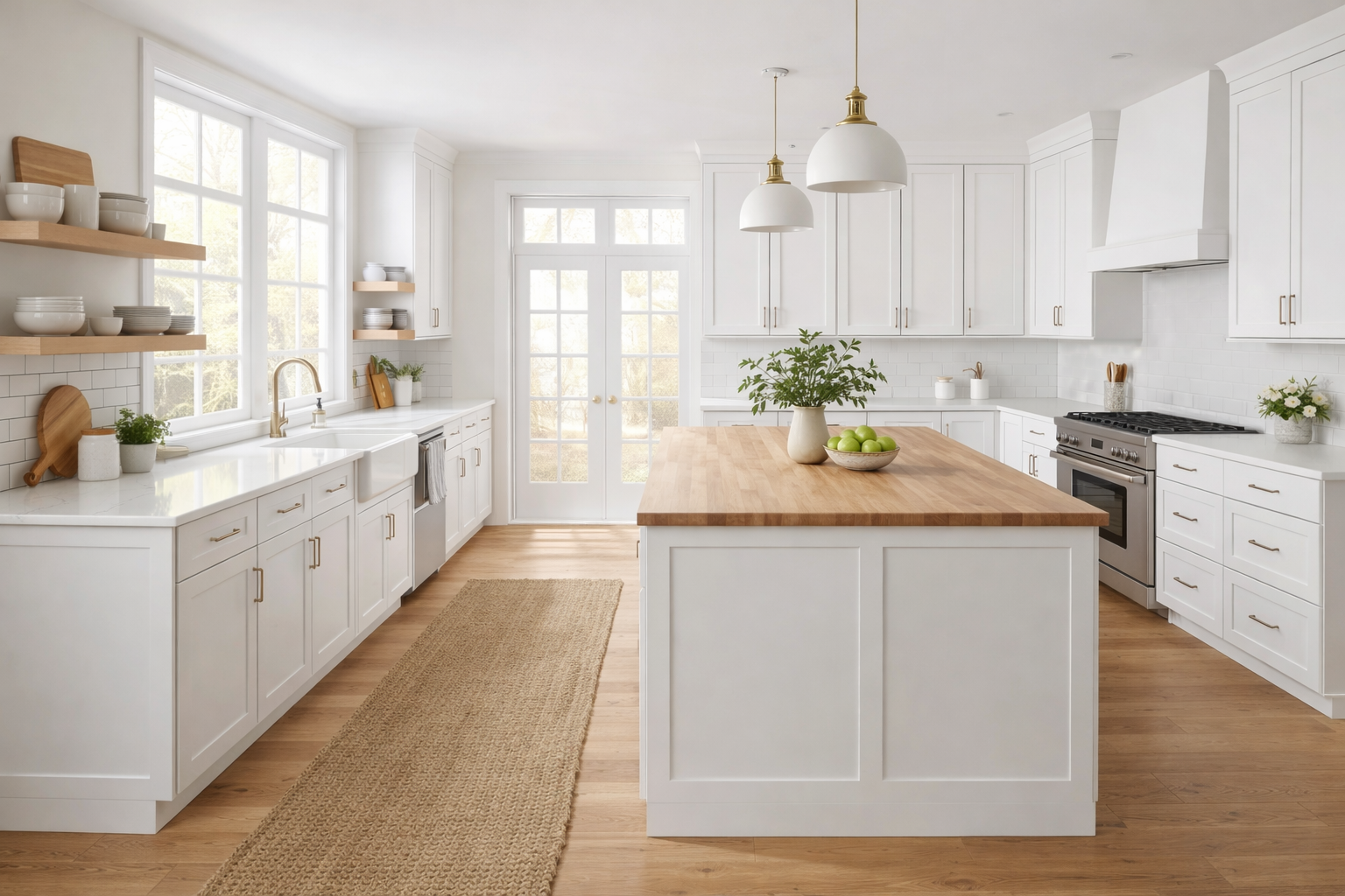 Bright white kitchen with wooden countertops, a central island with a vase of green apples, and pendant lights, large windows, and glass double doors.