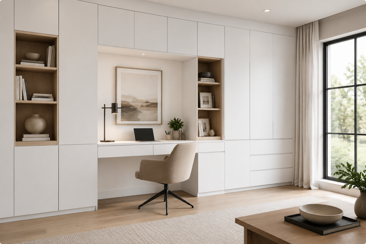 Minimalist home office with built-in white shelves, a desk with a beige chair, a potted plant, and large window with beige curtains