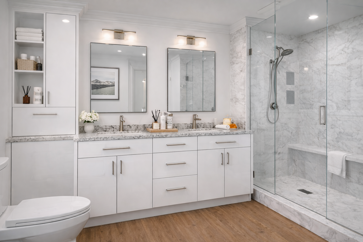 Modern bathroom with a white double vanity with gray marble countertop, two mirrors, and neatly arranged toiletries. To the right is a walk-in shower with marble walls, a glass door, and a rainfall showerhead. There is wooden flooring and a white toi