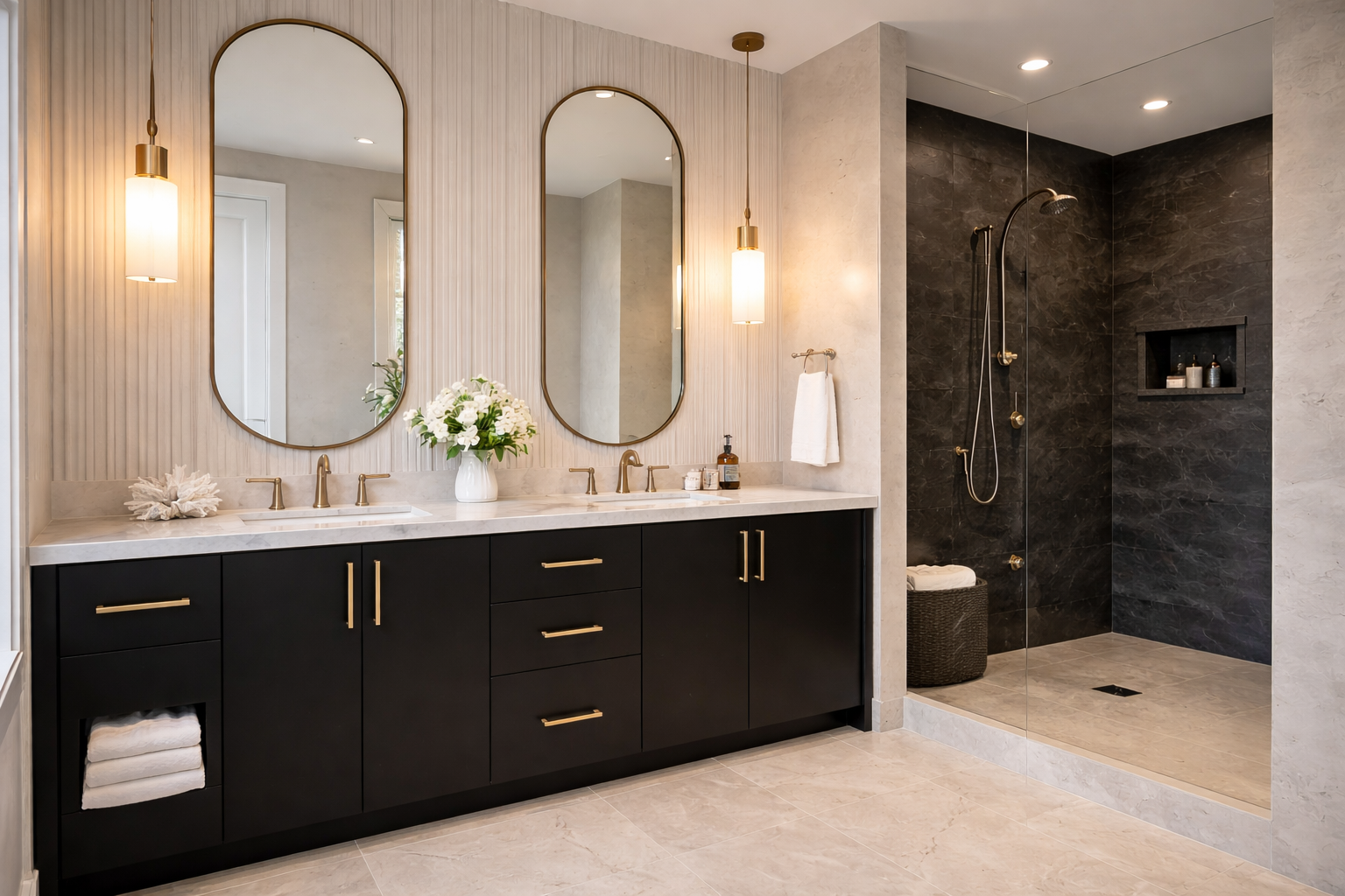 Modern bathroom with double vanity with black cabinets, gold hardware, and two large mirrors. There are wall-mounted pendant lights, a vase with white flowers, and toiletries. A walk-in shower with dark stone walls, a shower head, and a niche with sh