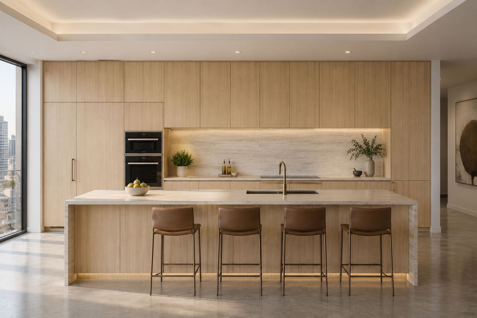 Modern kitchen with wooden cabinets, a large island with a marble top, three brown bar stools, built-in appliances, and minimal decor including potted plants and a bowl of fruit.