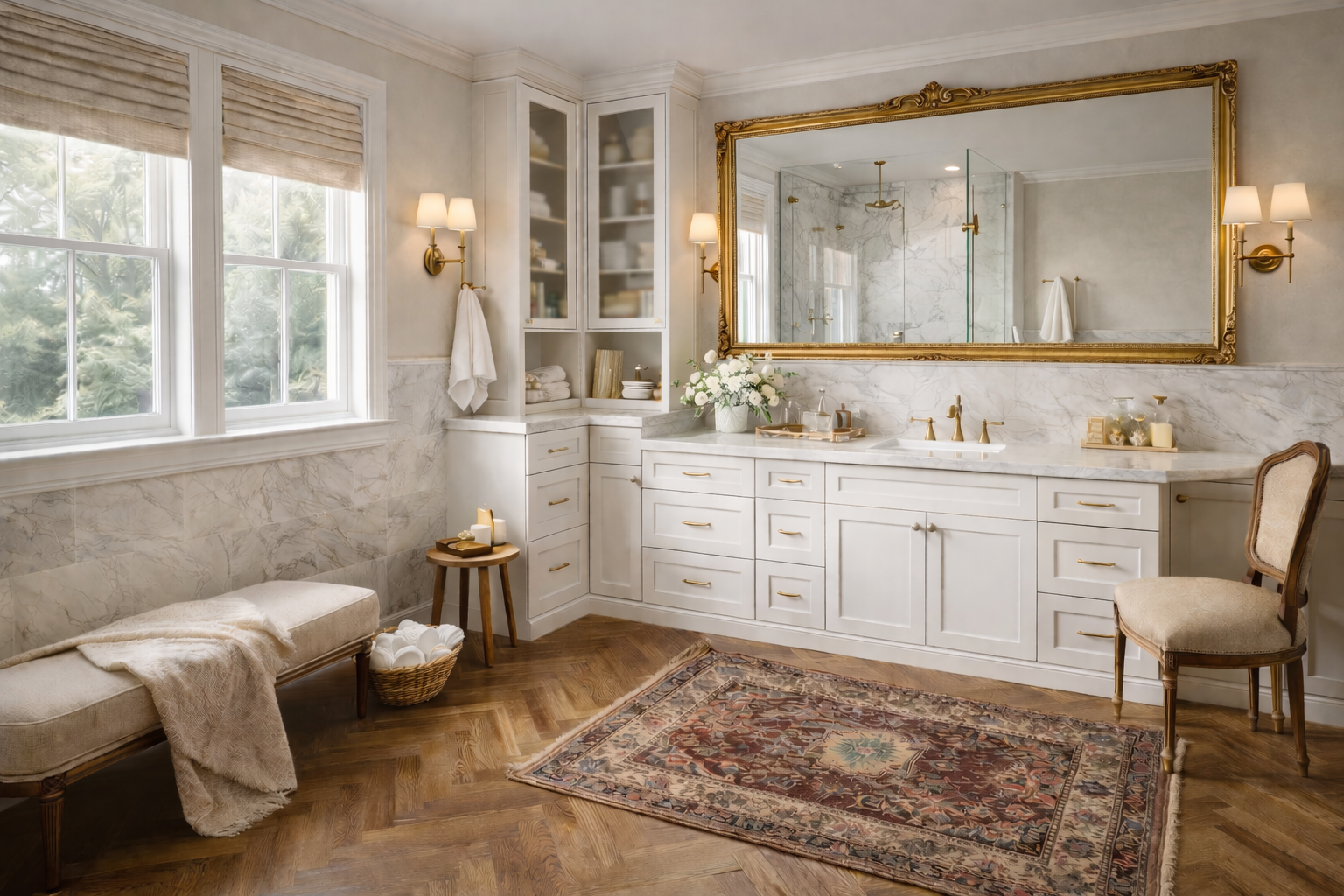 Elegant bathroom with white cabinetry, marble countertops, wall-mounted sconces, large mirror with gold frame, patterned rug, and a view of a walk-in shower, window with blinds, and a vintage chair.