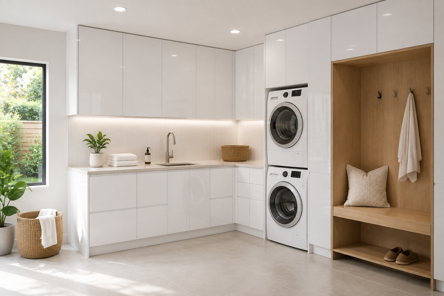Modern laundry room with white cabinets, a stacked washer and dryer, a window showing a garden, and a built-in wooden nook with hooks, a pillow, and slippers.