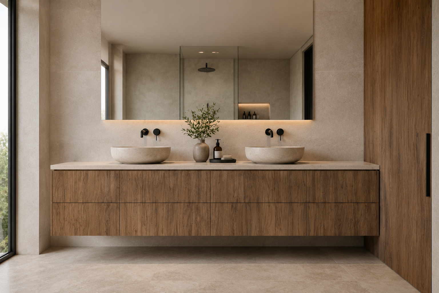 Modern bathroom with double vanity, two round stone vessel sinks, black wall-mounted faucets, large mirror, beige stone countertops, wooden cabinets, small decorative vase with greenery, soap dispenser, and minimal decor.