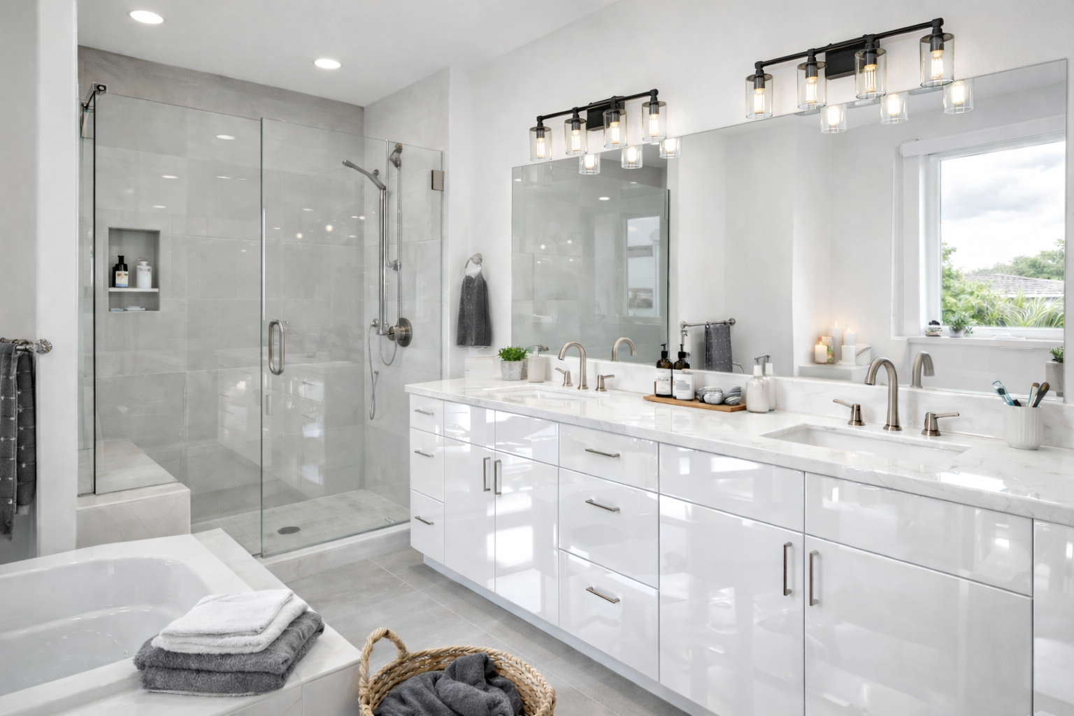 Modern white bathroom with double vanity, marble countertop, large mirror, and a glass-enclosed shower with bench and grey tiles. Decor includes candles, small plants, and toiletries.