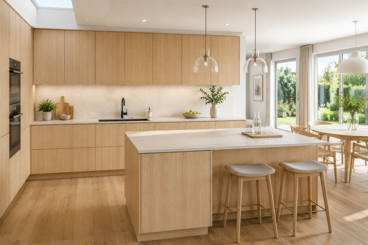 Modern kitchen with light wood cabinets, white countertops, and large windows overlooking a green garden. Contains kitchen island with two stools, potted plants, and dining table with chairs.
