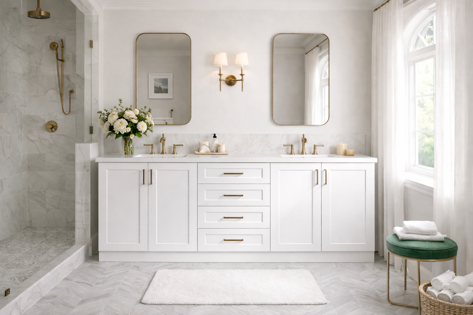 Bright bathroom with white vanity, two mirrors, gold fixtures, a walk-in shower with marble tiles, flowers on the counter, candles, and a window with sheer curtains.