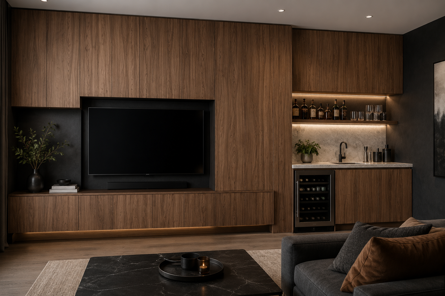 Modern living room with dark wood accent wall and built-in entertainment center, television, and a small kitchenette with a wine cooler, potted plant, and glassware, with a couch and coffee table in the foreground.