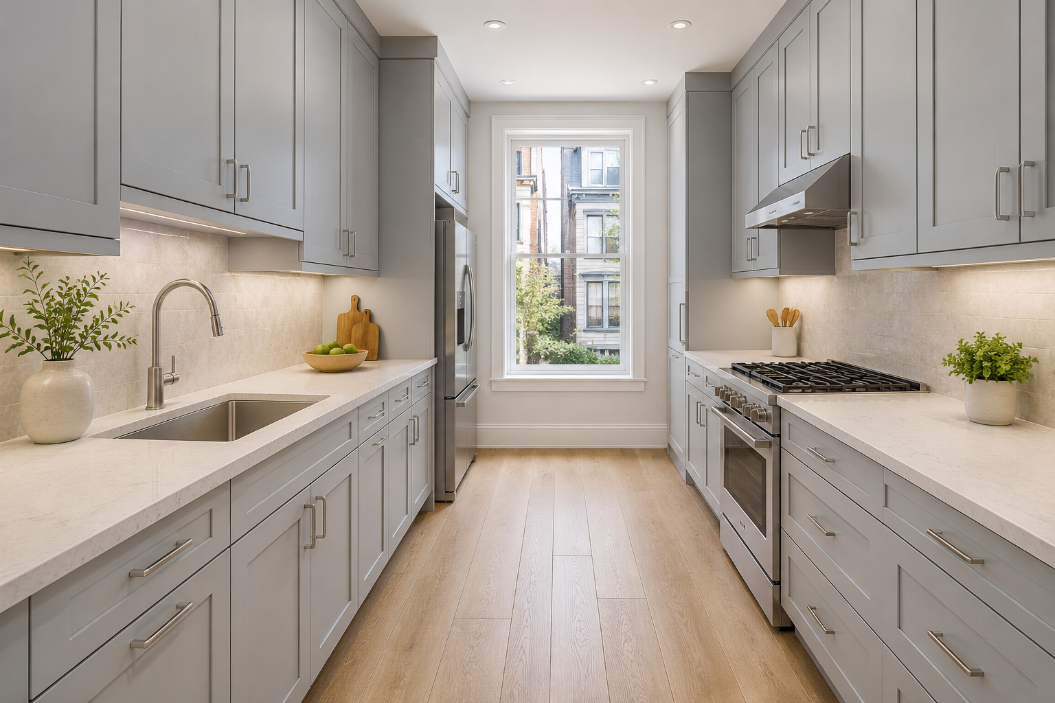Modern kitchen with light gray cabinets, white countertops, stainless steel appliances, and a large window overlooking buildings and trees.