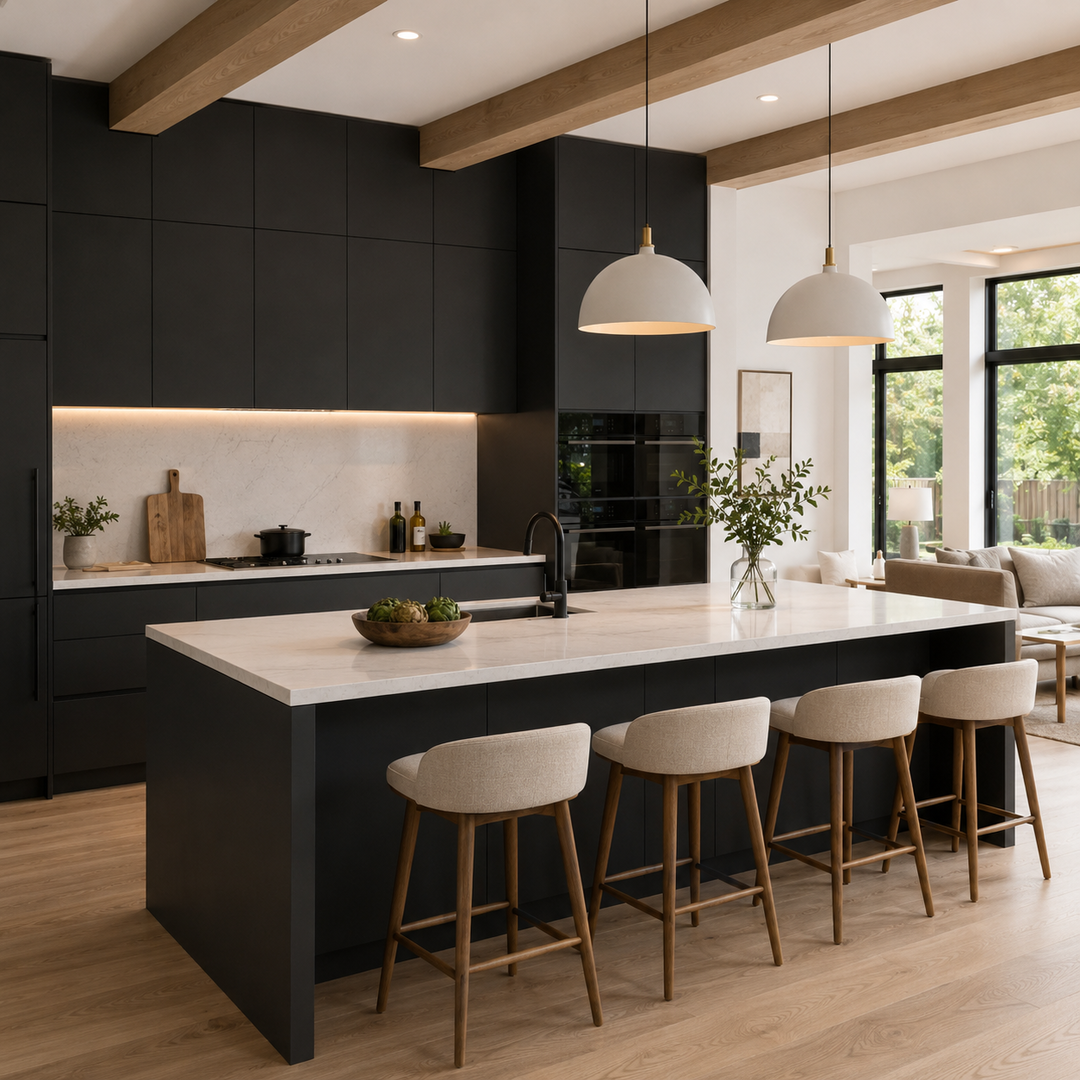 Modern kitchen with black cabinetry, white marble island, three beige bar stools with wooden legs, pendant lights, and large windows bringing in natural light.