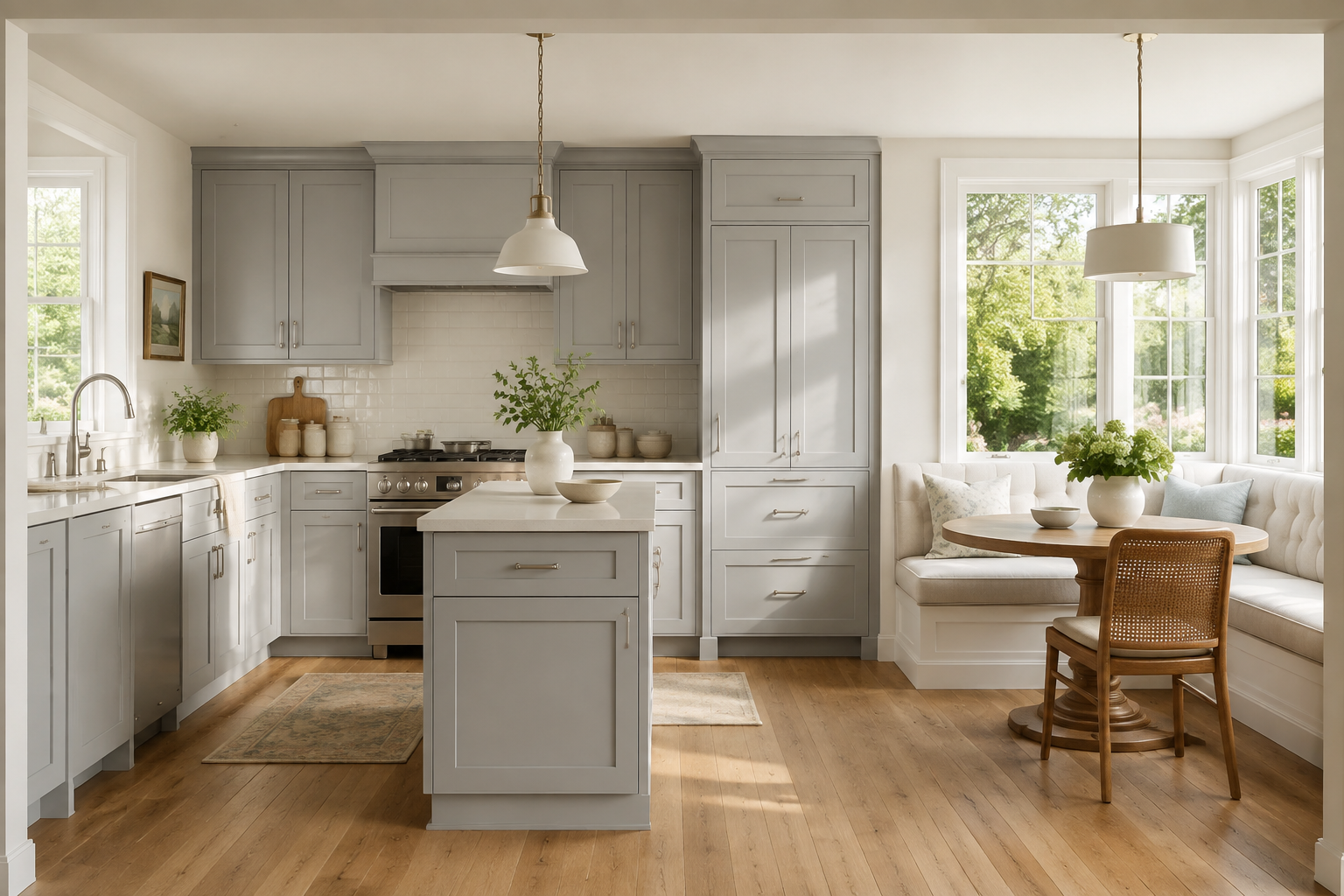 Bright kitchen with gray cabinets, white countertops, and wooden floor, featuring a small kitchen island, a dining nook with a built-in bench, round table, and chair, large windows with greenery outside, and pendant lights.