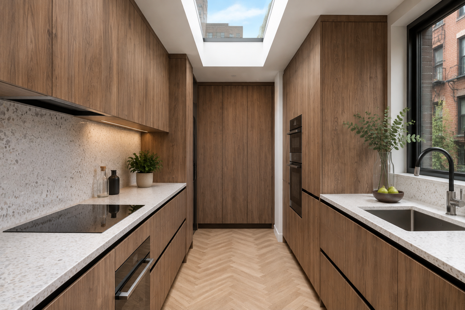 Modern kitchen with wood cabinetry, terrazzo countertops, and a skylight. Contains potted plants and decorative items.