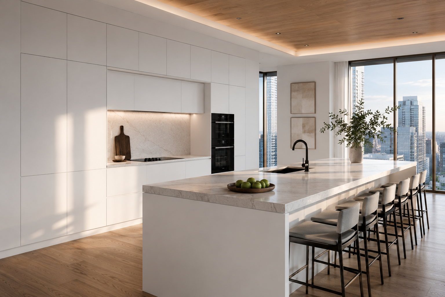 Modern kitchen with white cabinetry, marble countertops, and a large island with seating. Floor-to-ceiling windows with city views, potted plant, and minimal decor.