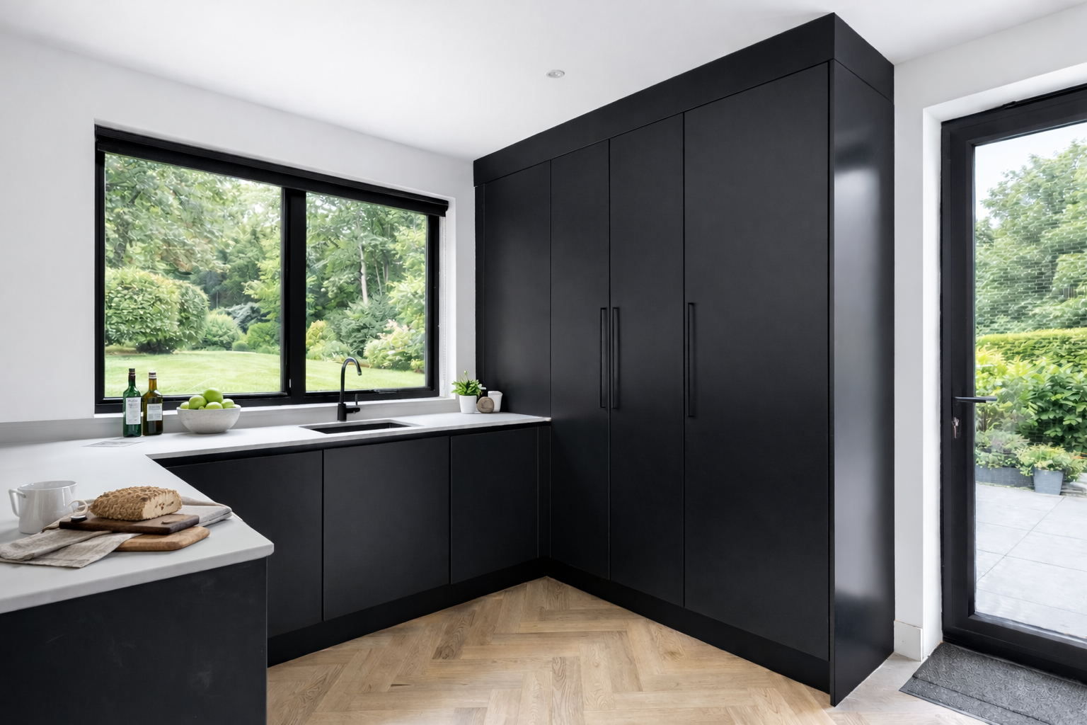 Modern kitchen with black cabinets, white countertop, window overlooking green garden, small potted plant, bottles, bowl of green apples, loaf of bread, and a door leading outside.