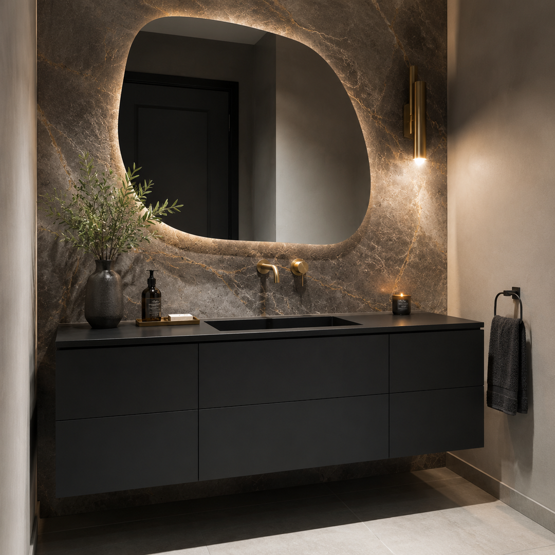 Modern bathroom vanity with black cabinet, marble backsplash, large mirror, wall-mounted gold faucet, lit wall sconce, gray towel, candle, and decorative vase with greenery.