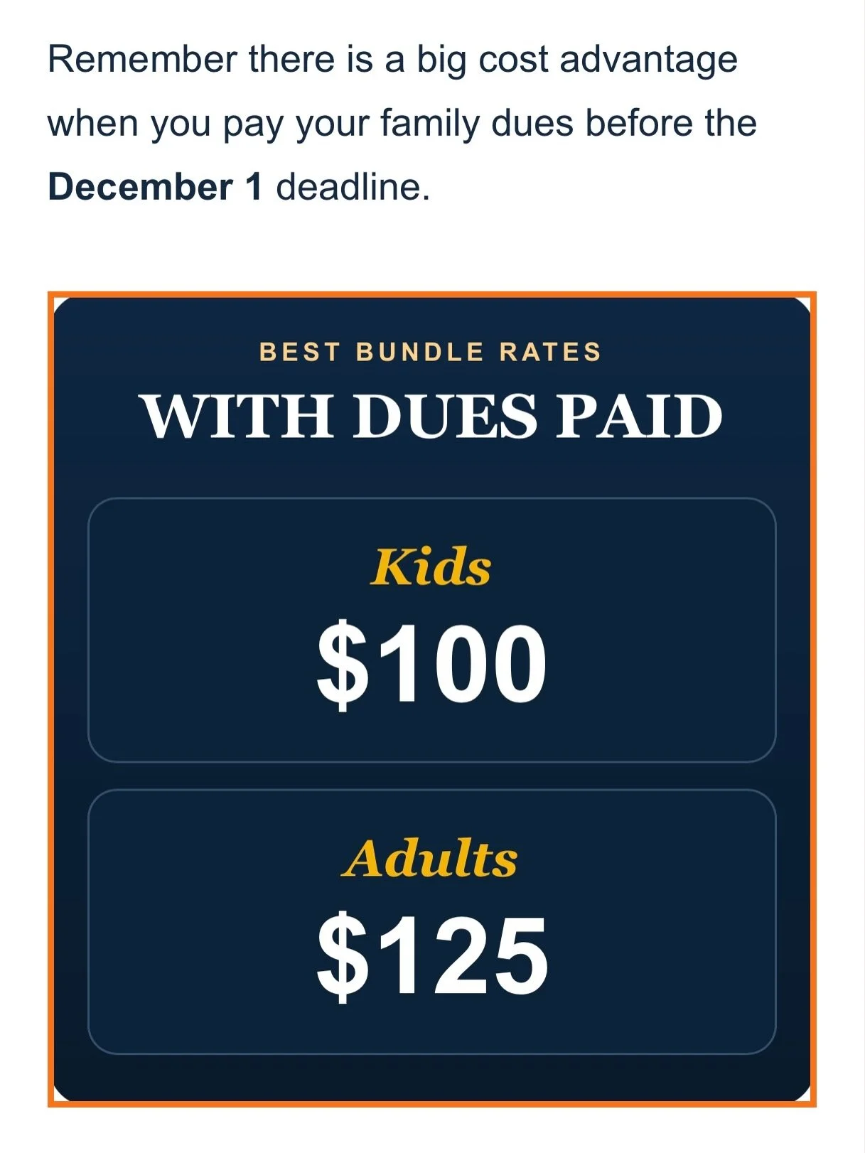 2027 Dunlap Family Reunion Bundles are officially live! Family members who pay their dues receive the best bundle rates: 

Kids (dues paid) $100 | Adults (dues paid) $125. 

Kids (without dues) $185 | Adults (without dues) $205. 

Bundles include: yo