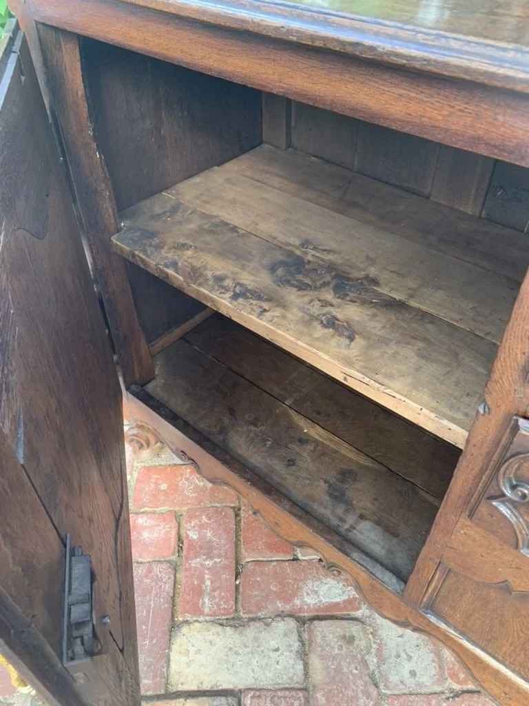 Interior shelving of French oak buffet cabinet, original timber shelves and cabinet construction