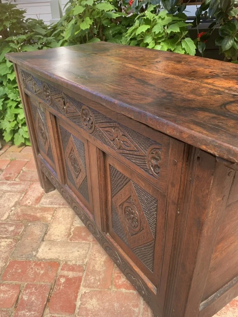 17th Century Oak Coffer, Rich Patina, C.1680-1720, Antique Oak Blanket Chest, Warm Colour, Carved Frieze, Northern England