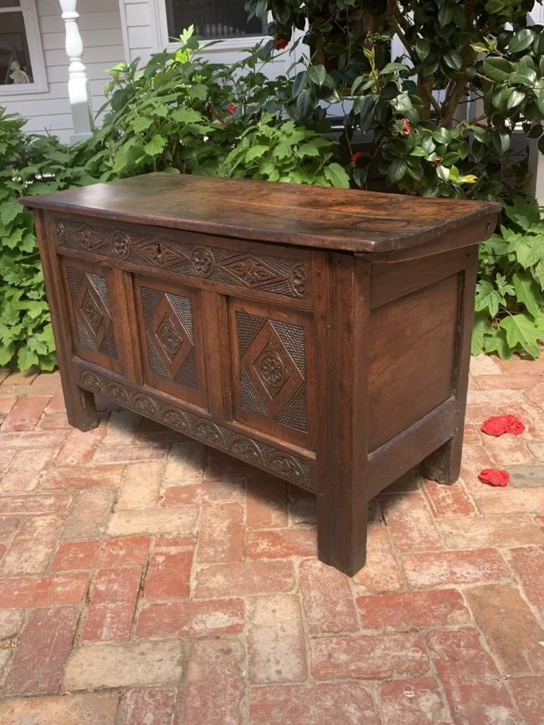 Antique English Oak Coffer C.1680-1720, Carved Lunette Bottom Rail, Panelled Side, North Country Provincial Pegged Oak Chest