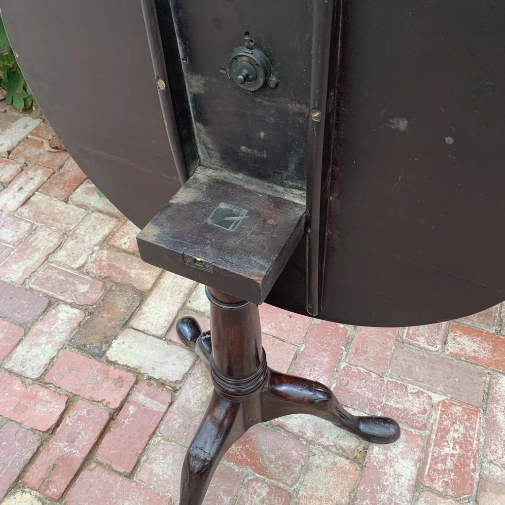 Antique tilt-top mechanism and block on George III wine table