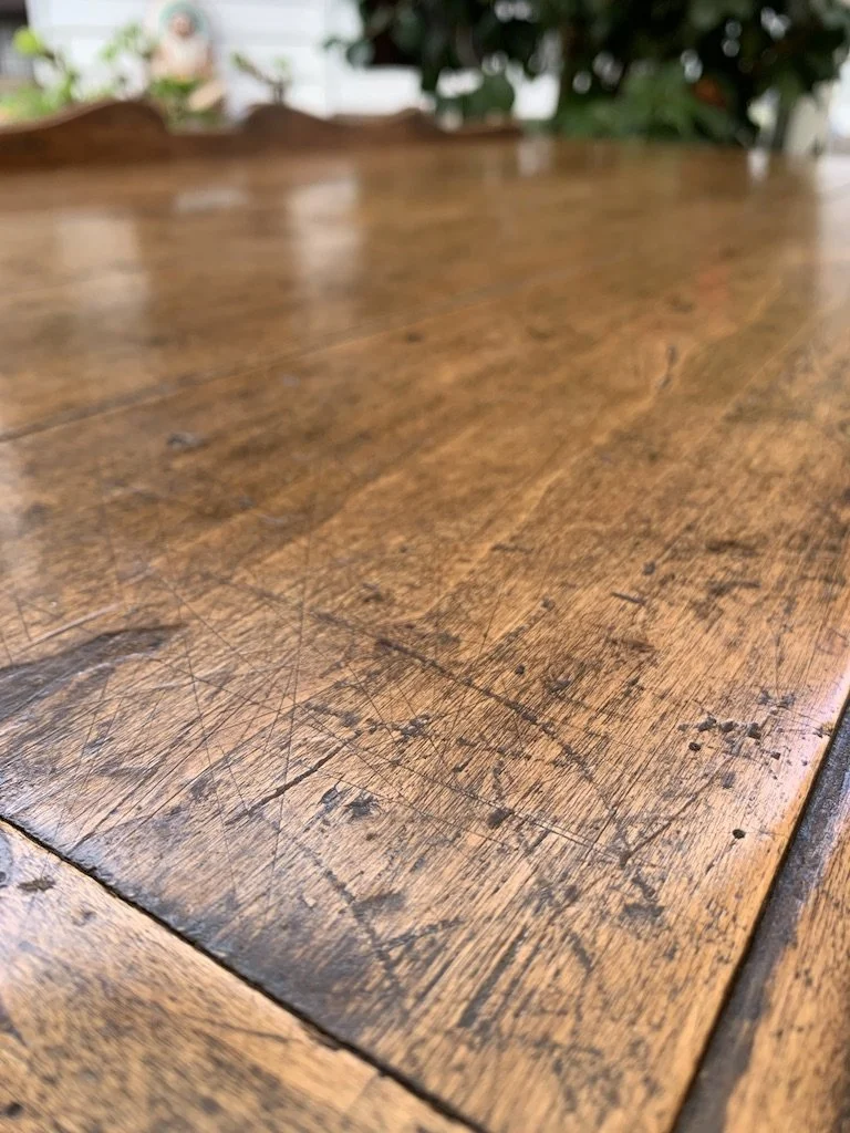 Close-up of aged cherrywood top on French dough bin, c.1840, rich patina and timeworn grain