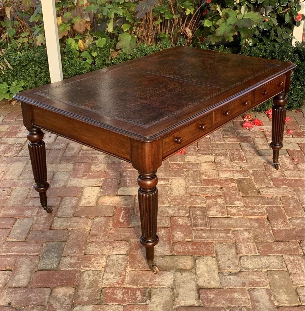 Victorian library table rear view mahogany reeded legs three drawers each side c.1850