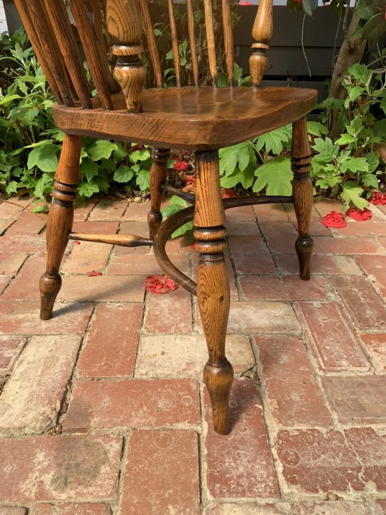Crinoline Stretcher Detail, English Windsor Armchair, Elm and Ash, Circa 1850, Turned Baluster Legs