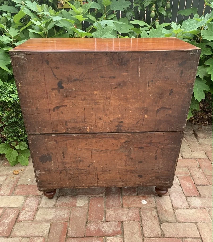 Victorian mahogany campaign chest back view unfinished secondary timber two-section construction c.1890