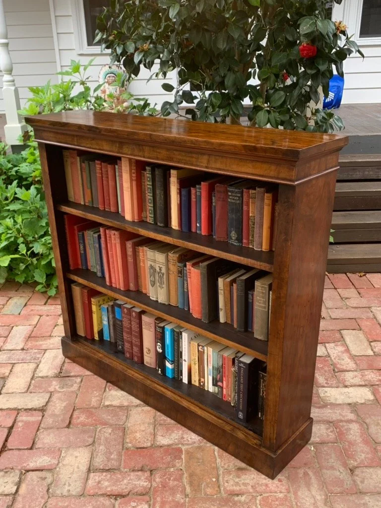 Victorian Figured Walnut Open Bookcase C.1870 by James Shoolbred & Co London, Antique Bookcase with Adjustable Shelves