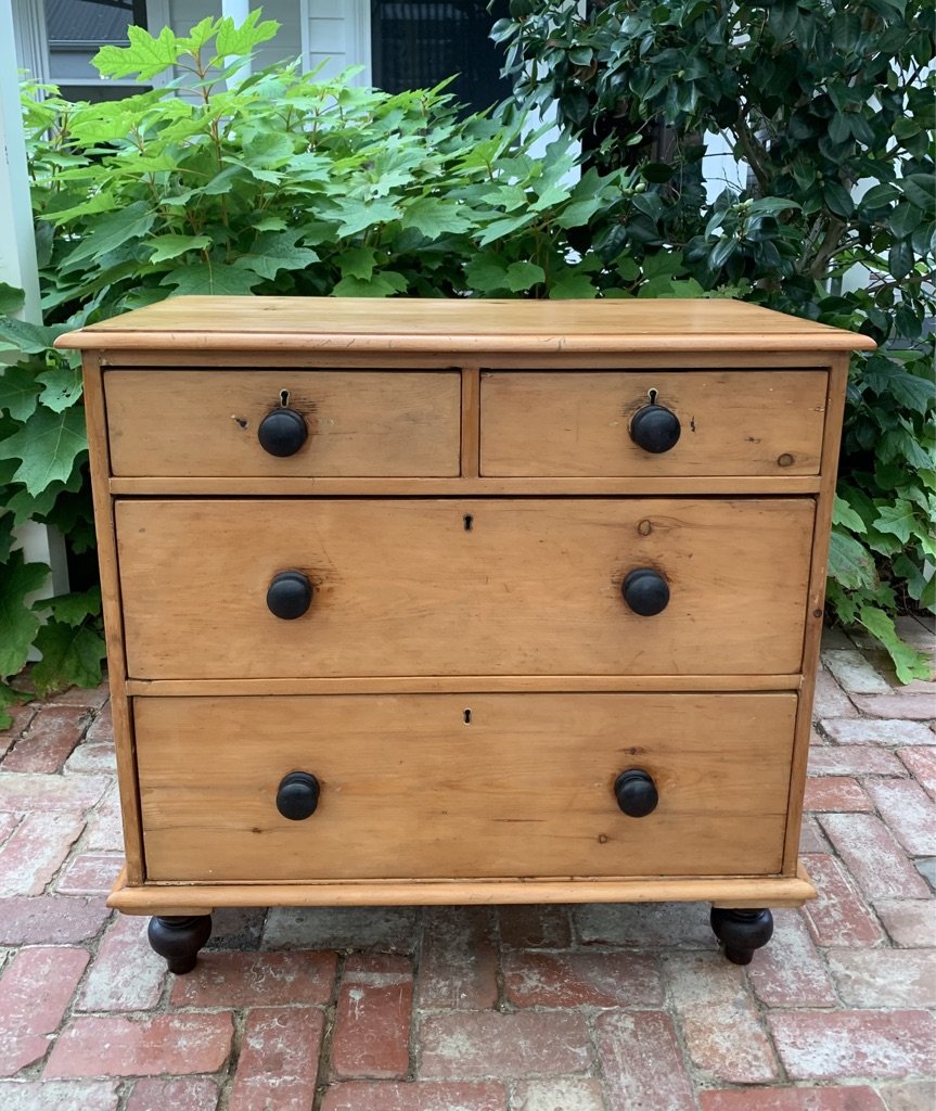 Victorian pine chest of drawers two over two ebonised turned knobs brass escutcheons c.1890