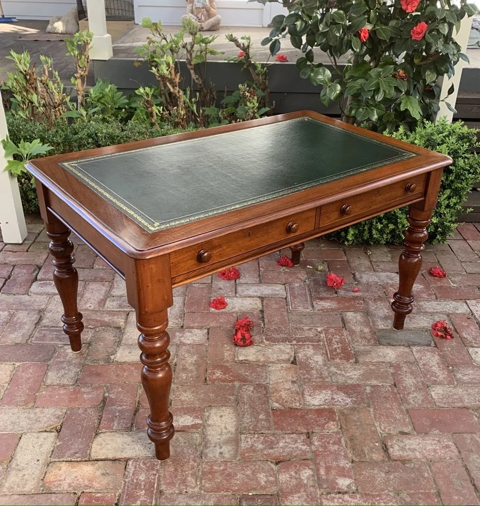 Victorian Australian cedar writing desk, antique writing table c.1860-1880, turned baluster legs and gilt-tooled green leather top