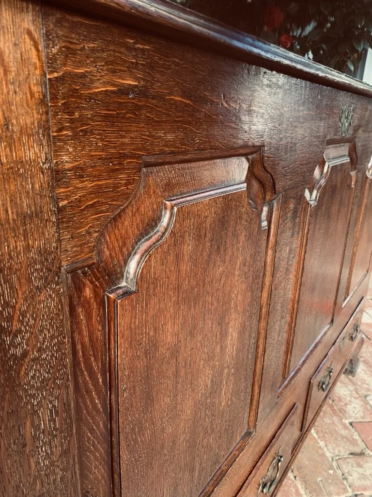 Late Georgian Welsh oak mule chest close up of three-panel front ogee mouldings