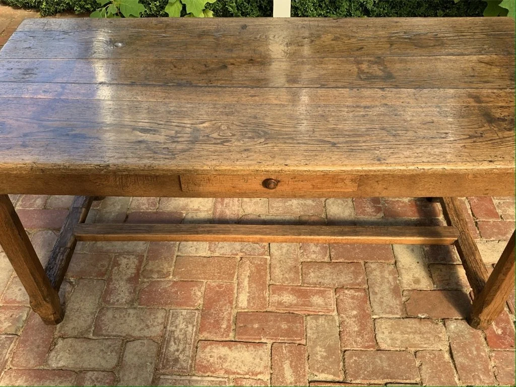 French oak farmhouse table c.1800 — front elevation detail, turned wooden drawer knob and stretcher