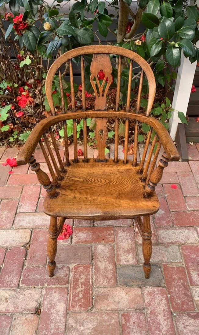 C.1850 elm and ash low back Windsor armchair, antique English country chair