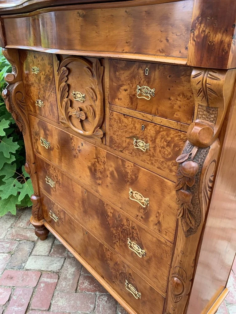 Colonial Huon pine chest drawers close-up carved floral panel burr veneer