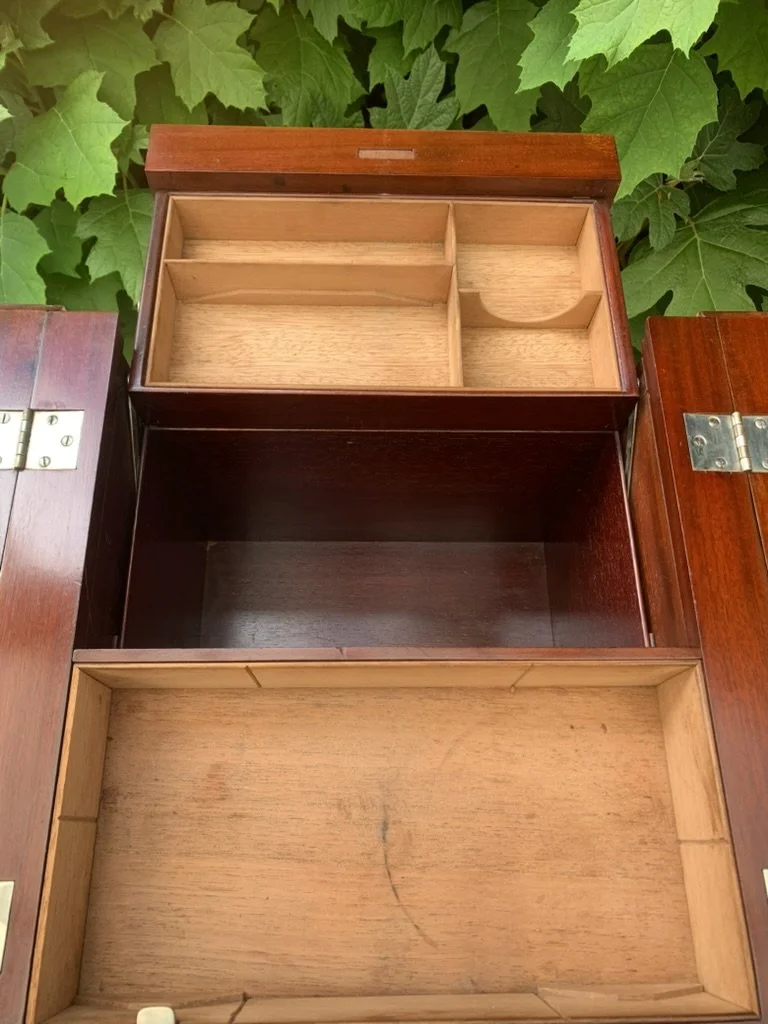 Antique drinks cabinet C.1900, lifting flap top with fitted lined compartments, Sheraton revival mahogany, Edwardian