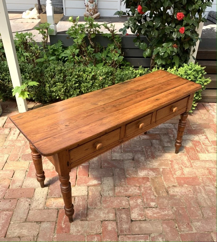 birds eye view of antique country pine console table