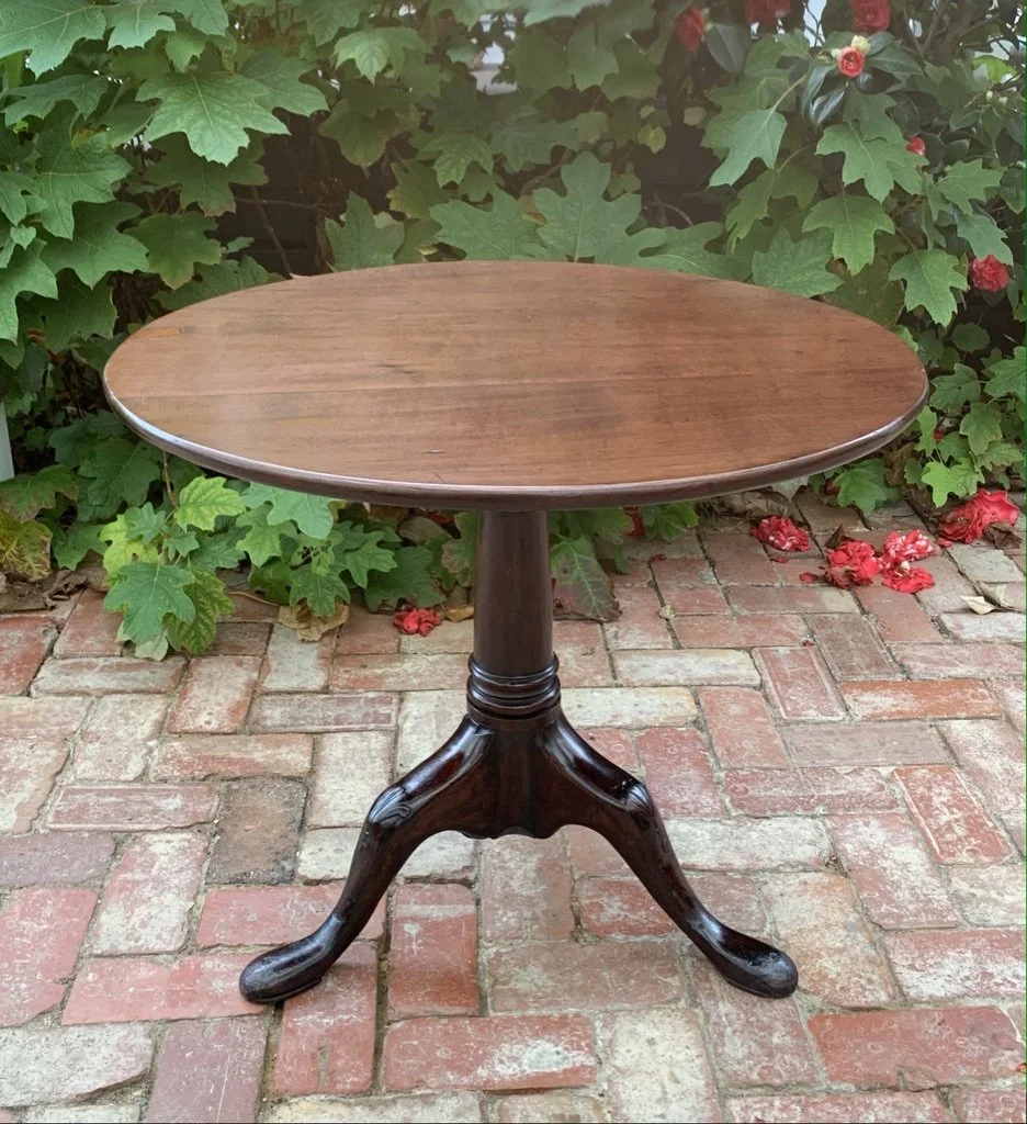 Antique English mahogany tripod occasional table, all legs carved