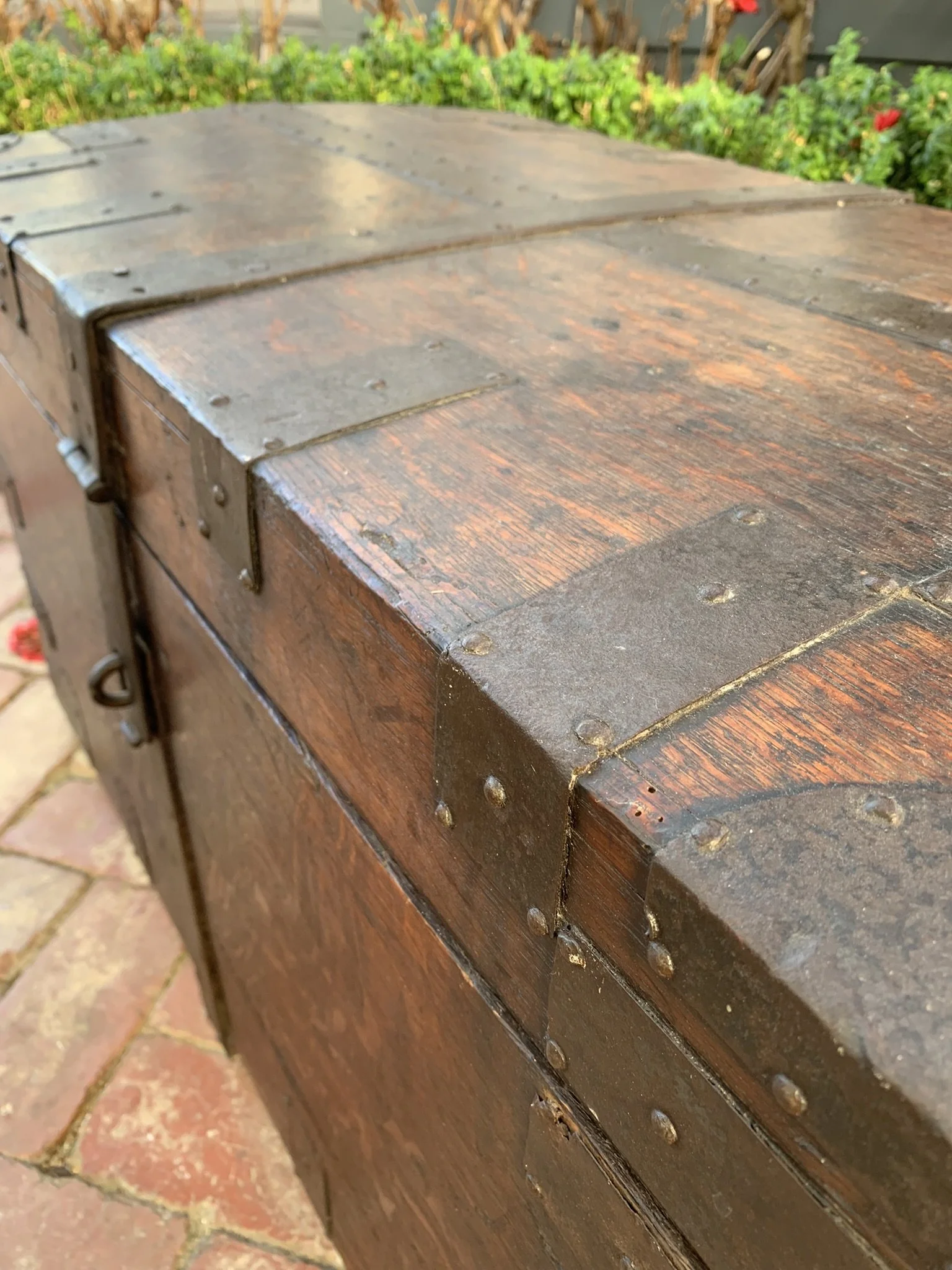 Antique Oak Silver Chest Corner Detail - Riveted Iron Banding, 19th Century English Strongbox